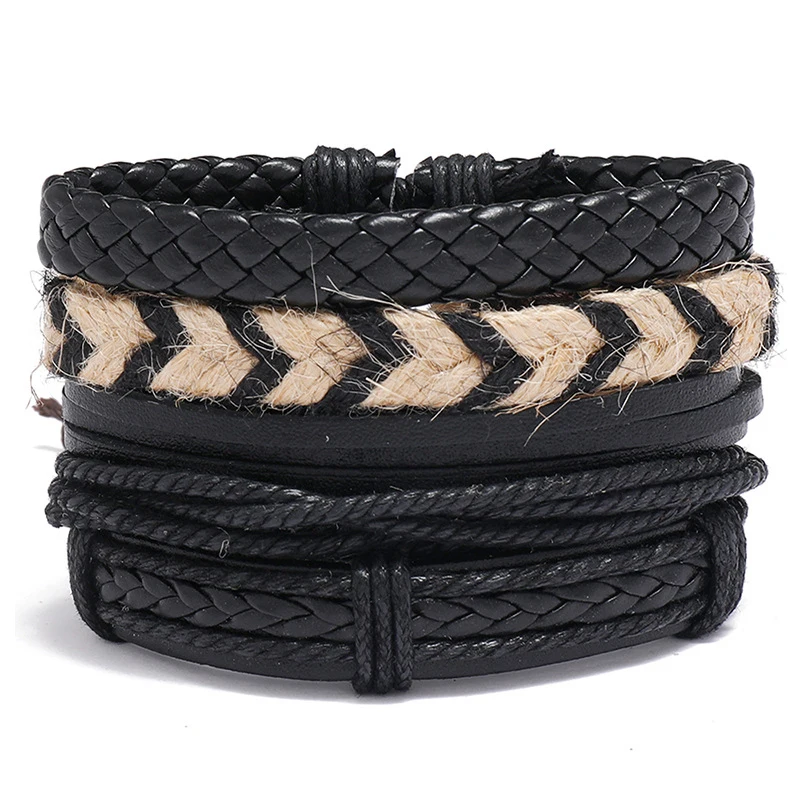 

Jessingshow 4pcs/set Braided Wrap Leather Bracelets for Men Vintage Charm Ethnic Tribal Multilayer Wristbands Male Rope Bangles