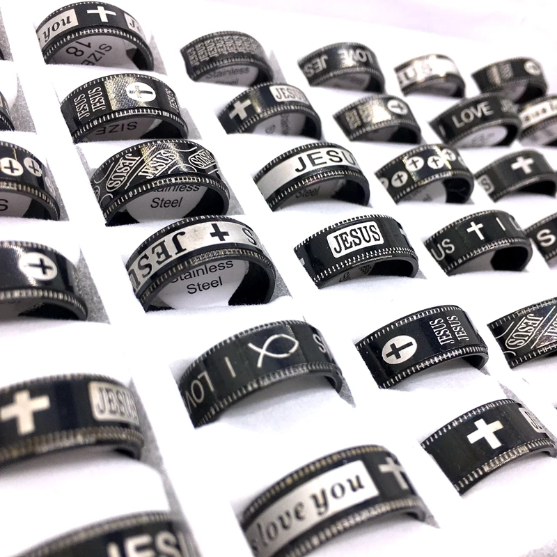 

MixMax 20PCs Women's Men's Etched Jesus Loves You Cross Black Stainless Steel Jewelry Rings Wholesale Lot Mix Styles