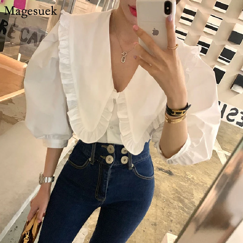Korean Women Loose Blouses and Shirts Sweet Peter Pan Collar Ruffled White Shirt Puff Short Sleeve New Fashion Tops Blusas 14253
Korean Women Loose Blouses and Shirts Sweet Peter Pan Collar Ruffled White Shirt Puff Short Sleeve New Fashion Tops Blusas 14253