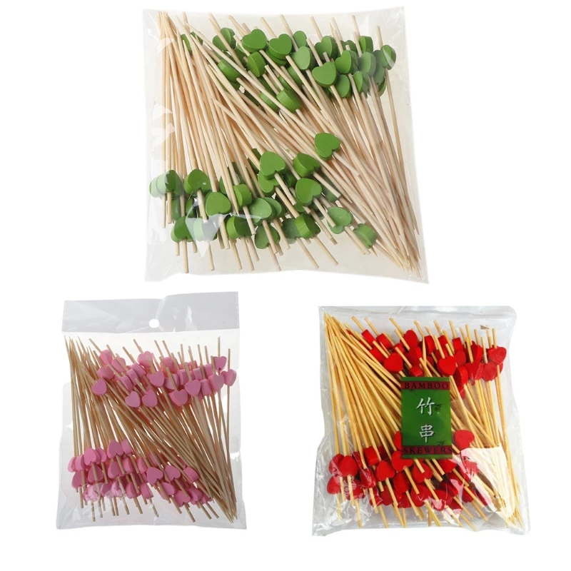 

100Pcs 12cm Disposable Bamboo Heart Skewers Fruit Dessert Cake Sign Cocktail Picks Cute Food Sticks Buffet Cupcake Toppers Party