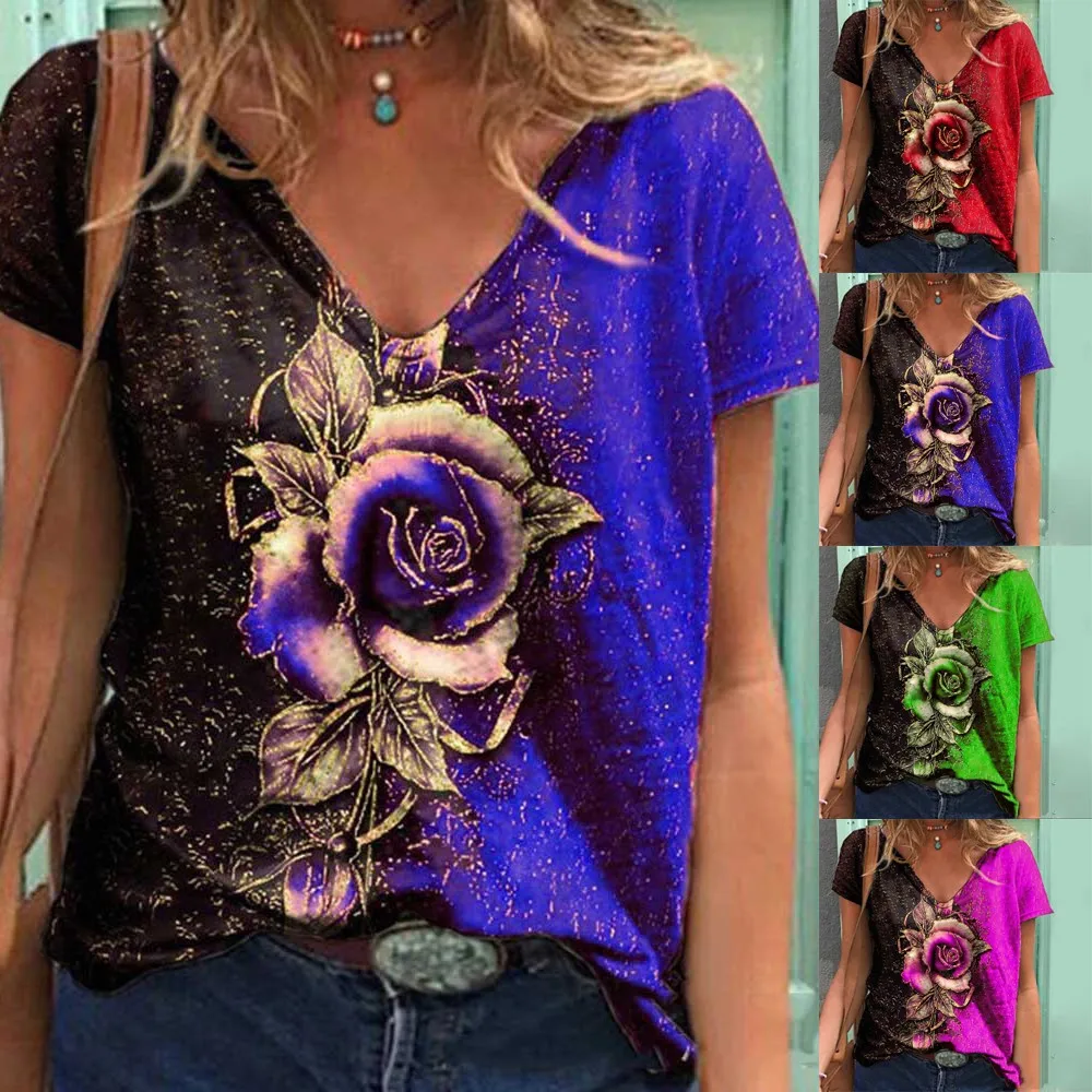 Fashion Womens 3D Rose Print V Neck Short Sleeve Tops Summer Casual Loose T-Shirt Blouse Lady Sexy Summer Party Club Tops
Fashion Womens 3D Rose Print V Neck Short Sleeve Tops Summer Casual Loose T-Shirt Blouse Lady Sexy Summer Party Club Tops