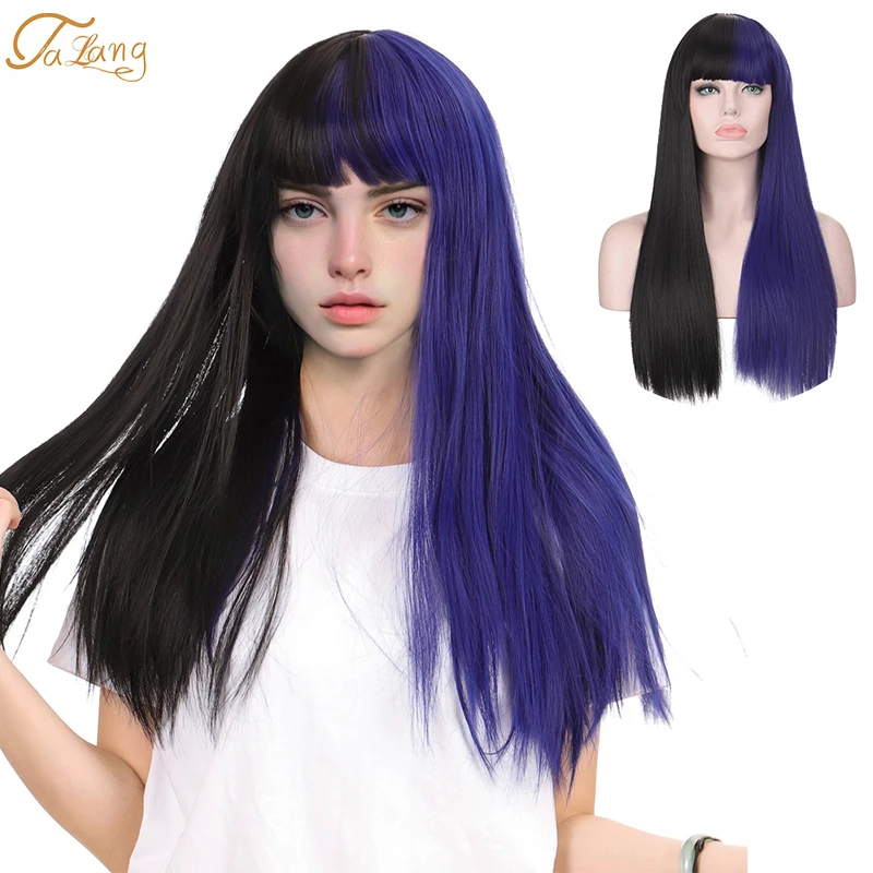 

TALANG Lolita Cosplay wig half Black half Green Wig Long Straight wig Halloween Wigs Two Tone Ombre Color For Women Girl Wigs