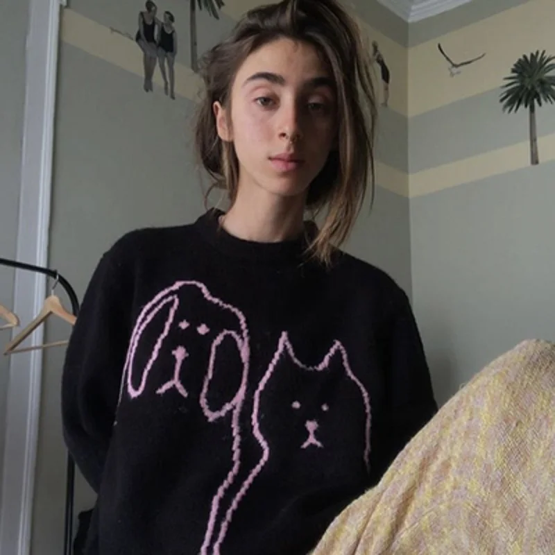 American street retro solid color pullover sweater sweater women sweet cute cartoon round neck casual loose high street clothing
American street retro solid color pullover sweater sweater women sweet cute cartoon round neck casual loose high street clothing