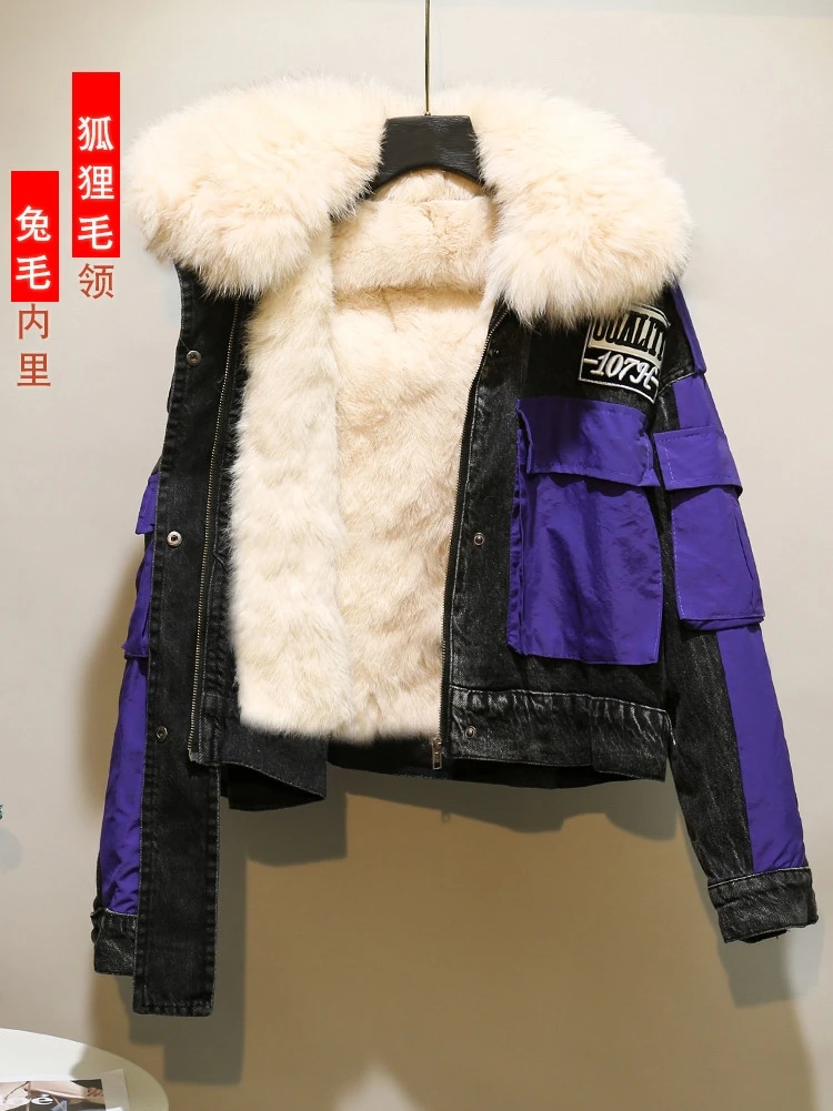 

Autumn winter fur coat bf style chic parka jacket female 2023 new rabbit fur liner furry collar spliced denim patchwork jean top