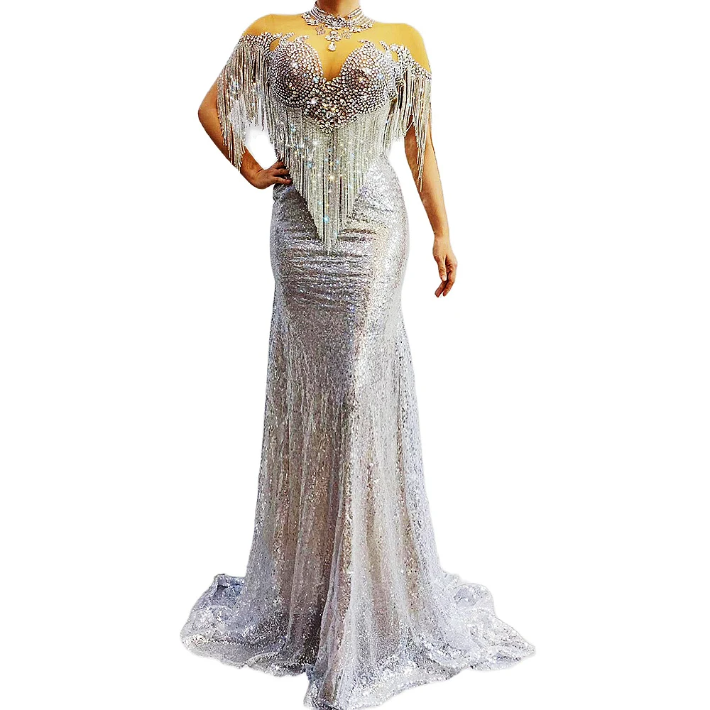 Shining Sequins Rhinestones Women Long Tailing Dresses Glistening Crystals Fringes Mesh Perspective Dresses Nightclub Costumes
Shining Sequins Rhinestones Women Long Tailing Dresses Glistening Crystals Fringes Mesh Perspective Dresses Nightclub Costumes