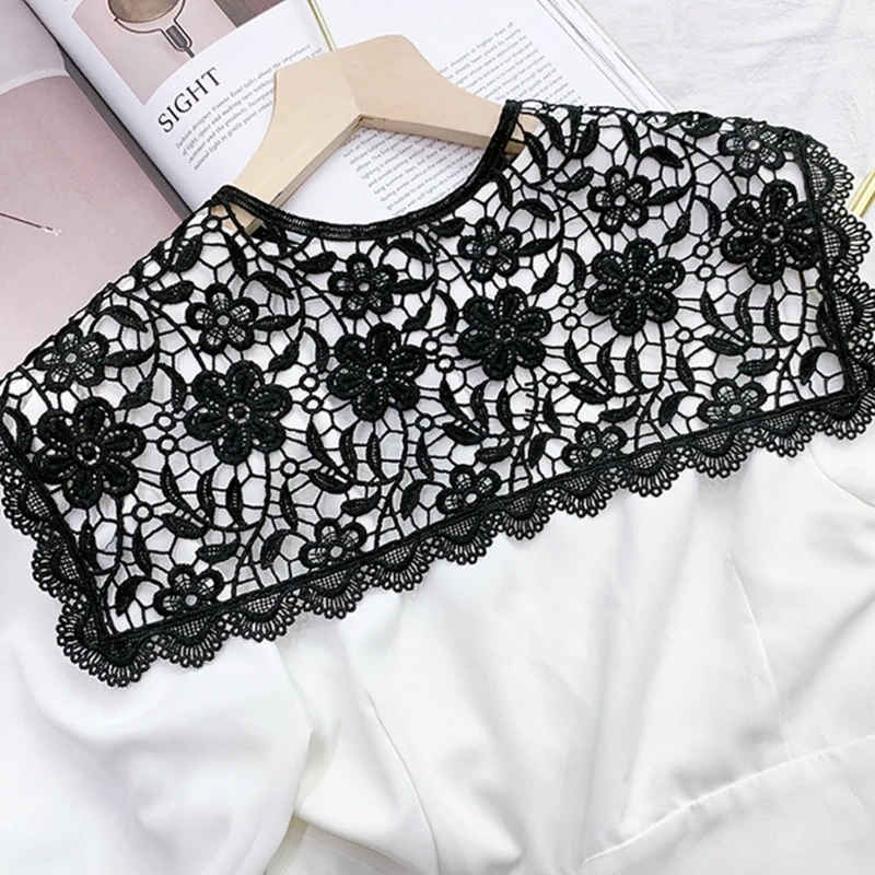 Women Korean Floral Lace Fake Collar Shawl Hollow Out Black White Scarf Necklace Faux Pearl Button Mini Cape Half Shirt
Women Korean Floral Lace Fake Collar Shawl Hollow Out Black White Scarf Necklace Faux Pearl Button Mini Cape Half Shirt