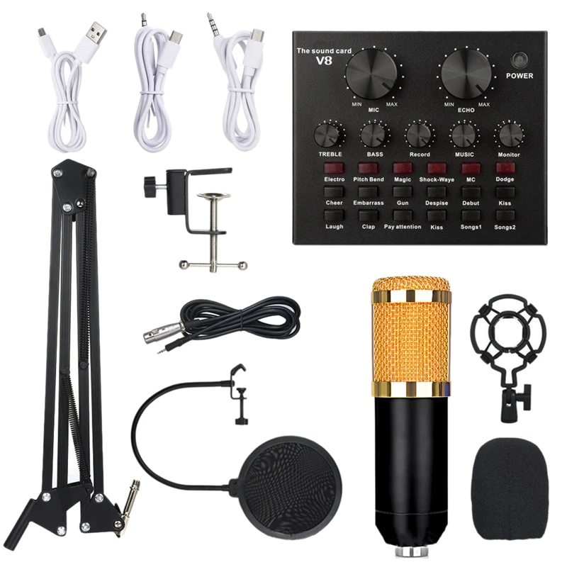BM800 Microphone Kit with V8 Sound Card Professional Microphone Studio Condenser Microphone for Computer
BM800 Microphone Kit with V8 Sound Card Professional Microphone Studio Condenser Microphone for Computer