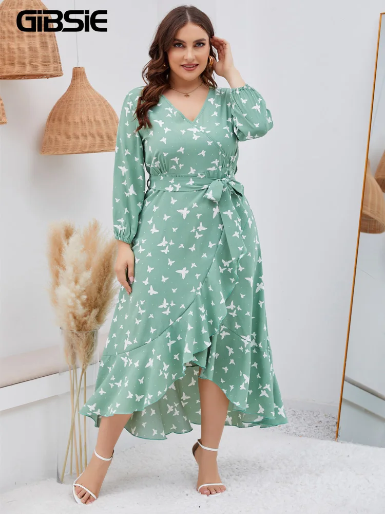 GIBSIE Plus Size V Neck Print Long Dress Women Autumn Holiday Beach Casual Sweet Ladies Asymmetrical Ruffle Hem Belted Dress
GIBSIE Plus Size V Neck Print Long Dress Women Autumn Holiday Beach Casual Sweet Ladies Asymmetrical Ruffle Hem Belted Dress
