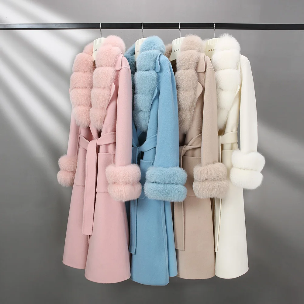 

2021 Women's Long Wool Coat Winter Long Fur Jackets Luxury Detachable Fluffy Fox Fur Trench Lady Outerwear S3565