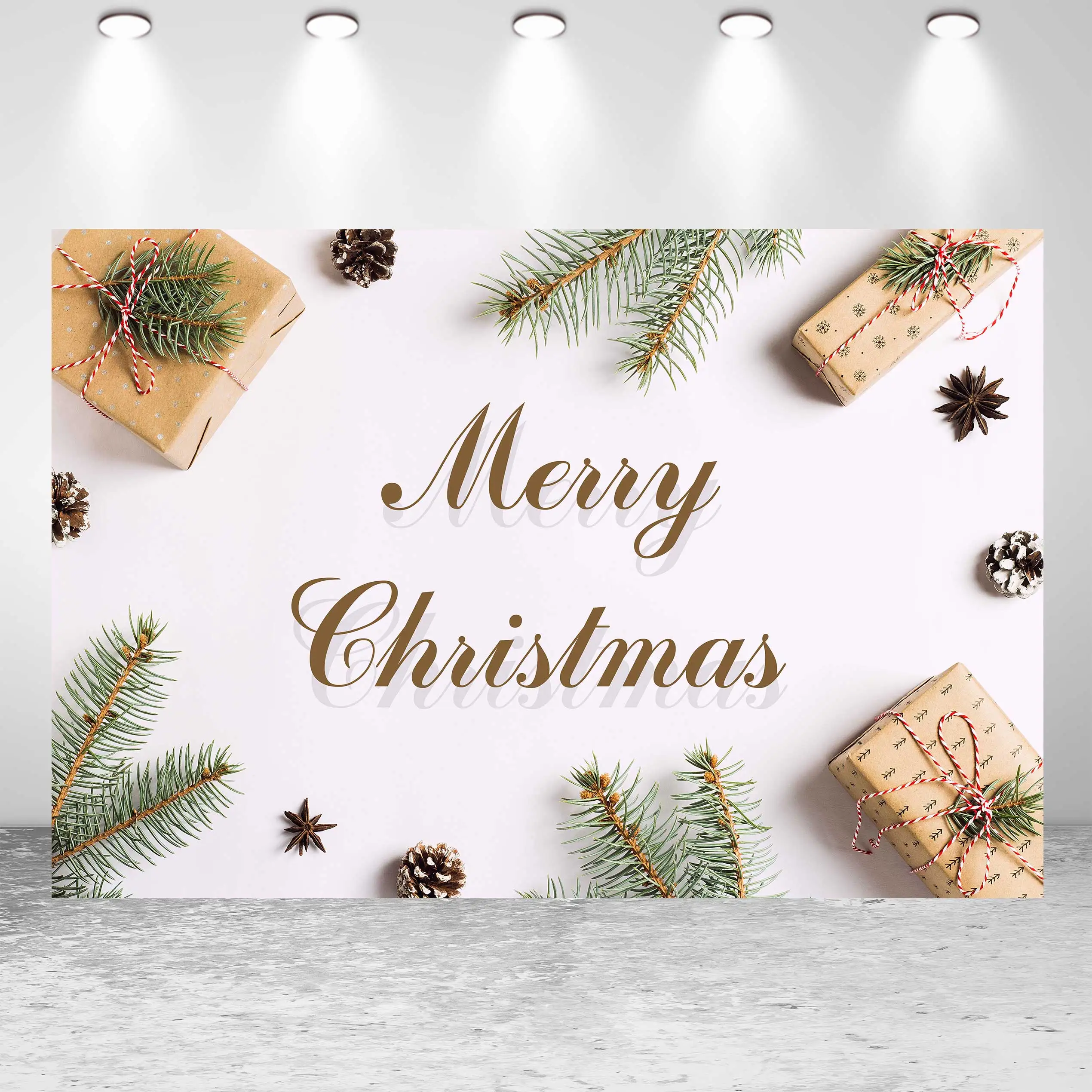 

NeoBack Merry Christmas Snow Pine cones Gift Christmas Tree Star Snowflake Party Banner Photo Backdrop Photography Background