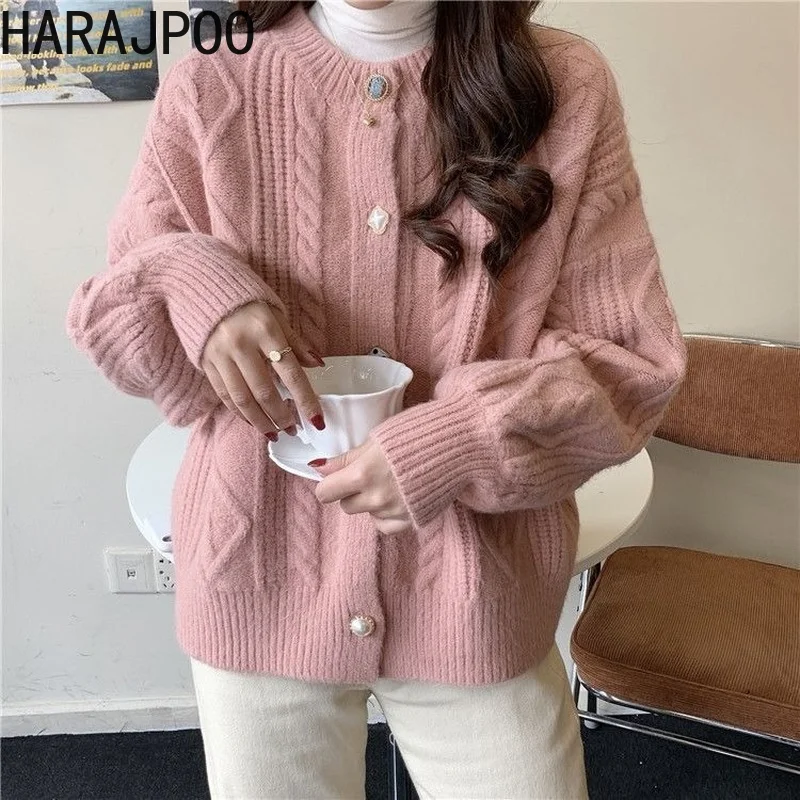 

Harajpoo Women Cardigans Cocoon Type Gentle Japanese Sweater Coat Autumn Winter 2021 Korean New Solid Color Twist Knitted Tops