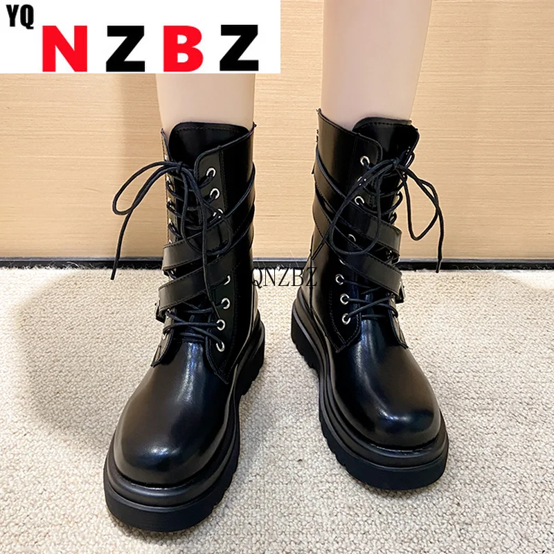 

Women's Motorcycle Boots Pu Leather Round Head 2022autumn New Fashtion Platfrom Cross Lace-up Zipper Buckle Women's Casual Boots