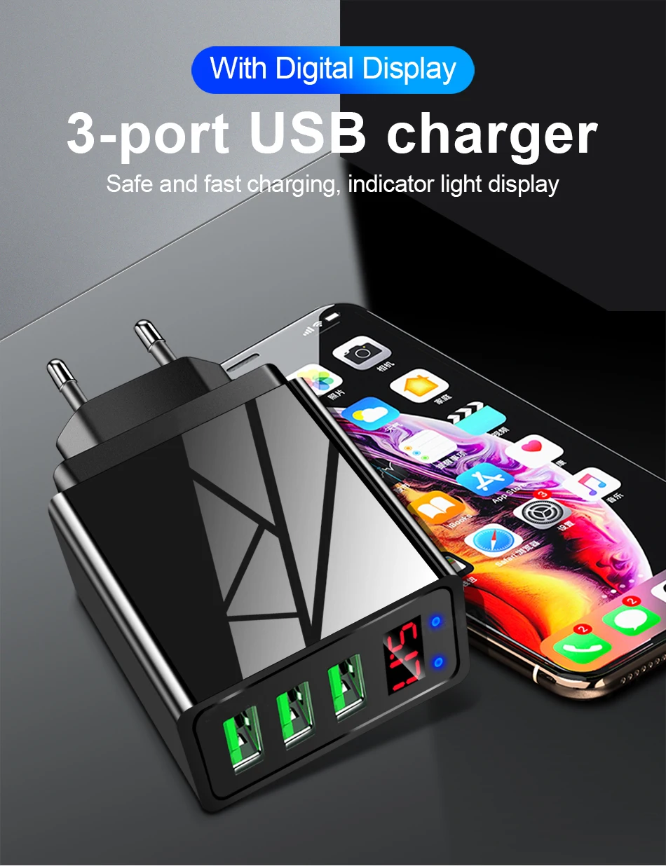 Digital Display 3 Port USB Charger For iphone 3 USB 5V 3A Fast Charging Wall Charger For Samsung Xiaom Tablets Phone Charger
Digital Display 3 Port USB Charger For iphone 3 USB 5V 3A Fast Charging Wall Charger For Samsung Xiaom Tablets Phone Charger