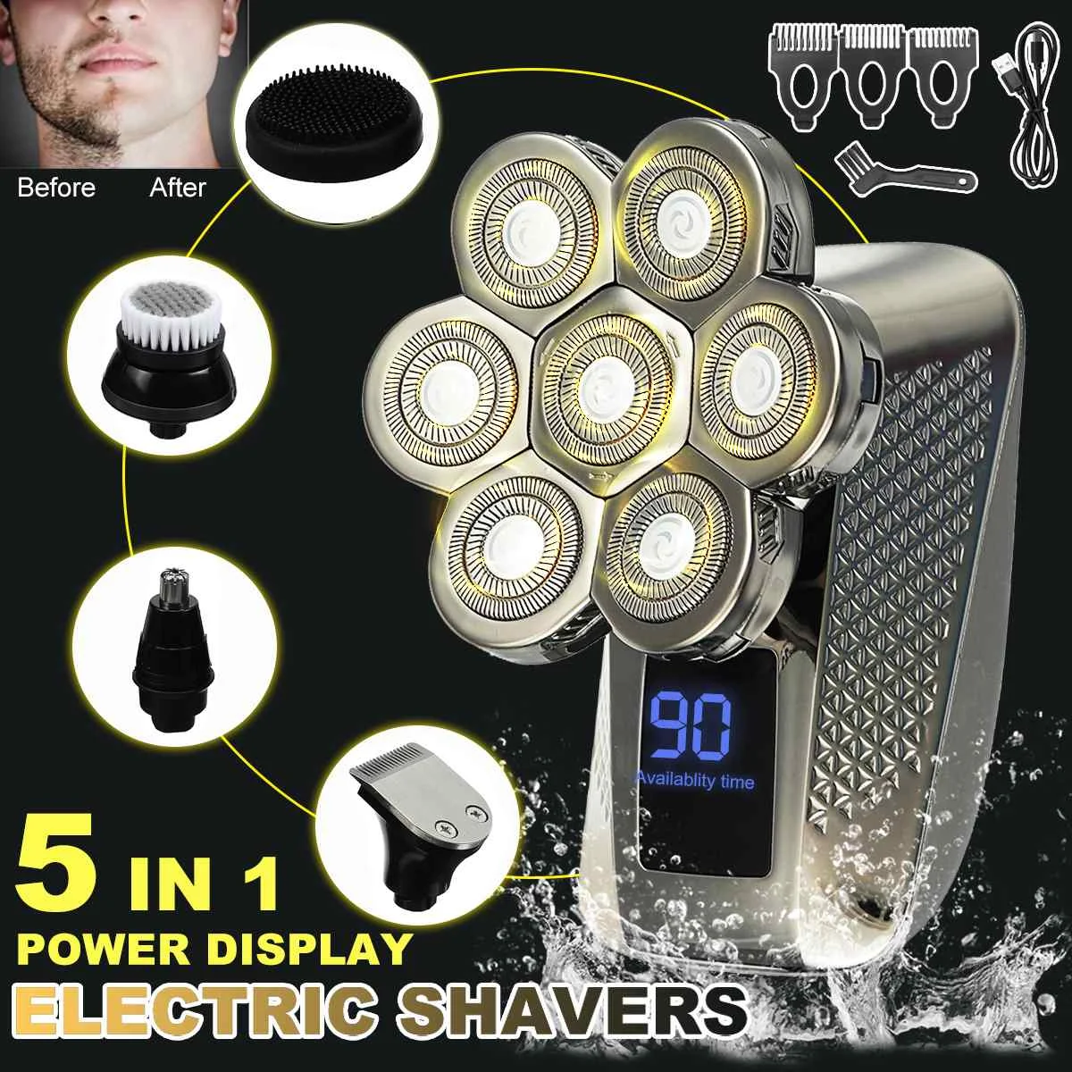 5 In 1 7D Men's Rechargeable Bald Head Electric Shaver 7 Floating Heads Beard Nose Ear Hair Trimmer Razor Clipper Facial Brush
5 In 1 7D Men's Rechargeable Bald Head Electric Shaver 7 Floating Heads Beard Nose Ear Hair Trimmer Razor Clipper Facial Brush
