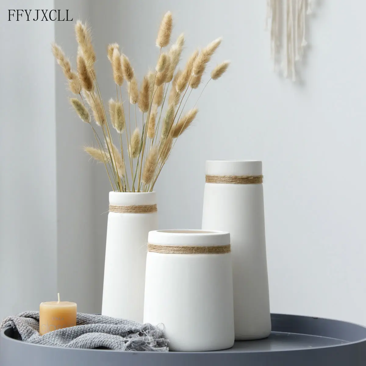 

Modern Dried Flowers Vase White Ceramic Matte Vase with Hemp Rope for Dried Flower Centerpiece Crafts Home Table Decoration