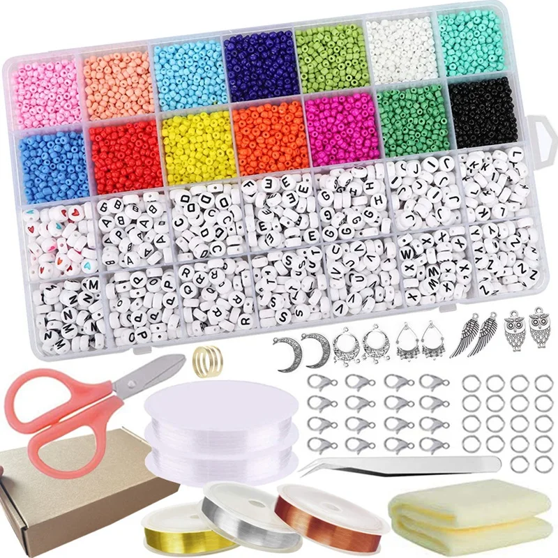 4300Pcs 3mm Glass Seed Beads and 700 Pcs Letter Beads for Jewelry Making DIY Art and Crafting with Elastic String
4300Pcs 3mm Glass Seed Beads and 700 Pcs Letter Beads for Jewelry Making DIY Art and Crafting with Elastic String