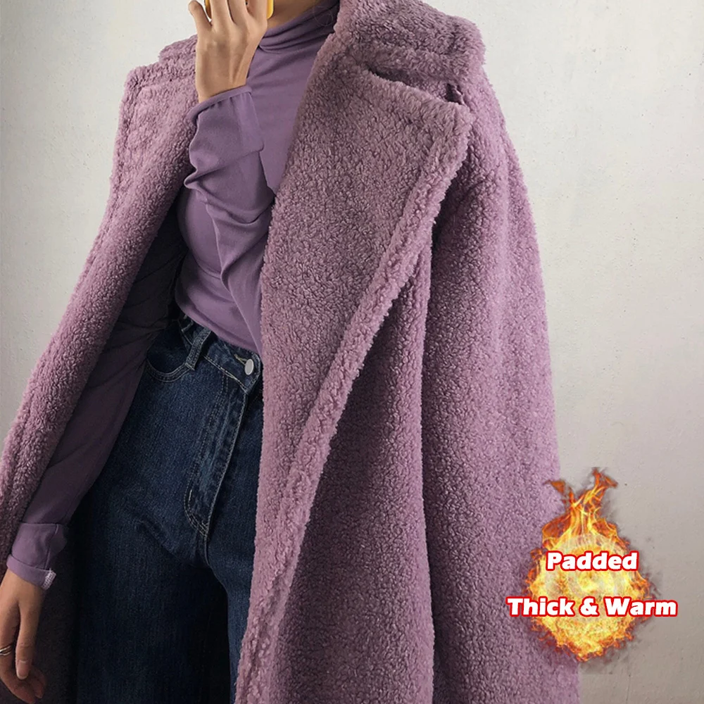 

2021Women Winter Faux Fur Warm Long Purple Coat Long Sleeve Female Thick Teddy Bear Coat Casual Loose Oversize Outwears