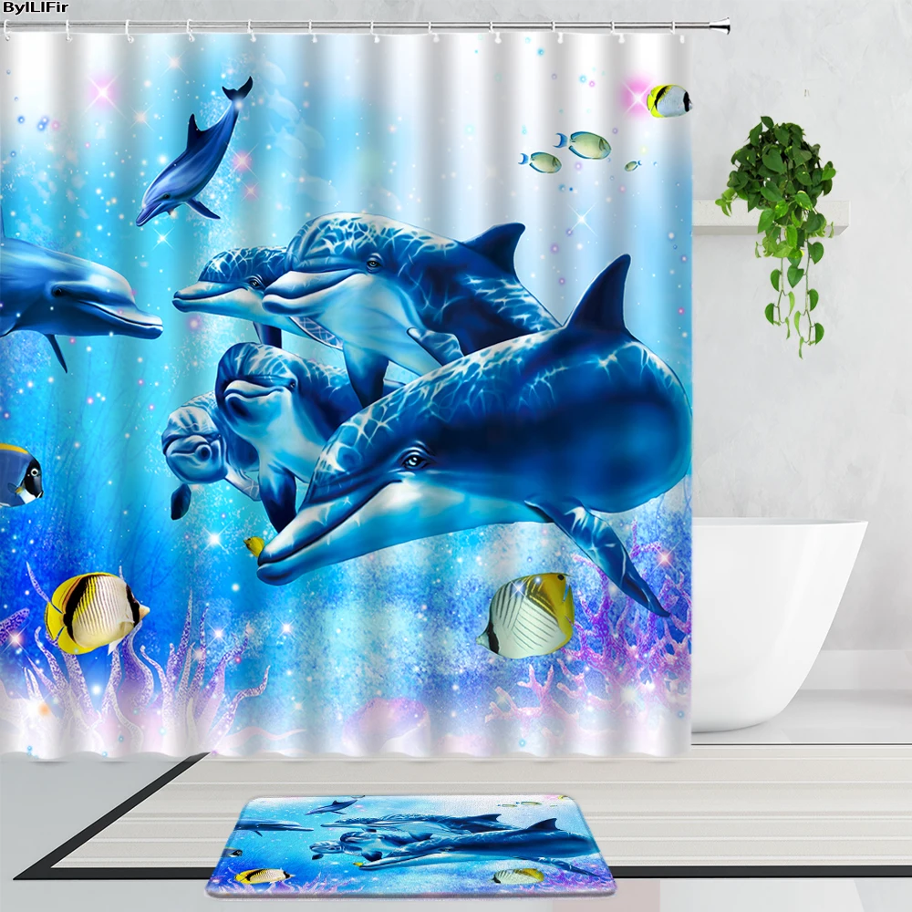 

3D Ocean Dolphin Turtle Shower Curtains Set Blue Underwater World Coral Tropical Fish Bathroom Curtain Non-Slip Bath Mats Carpet