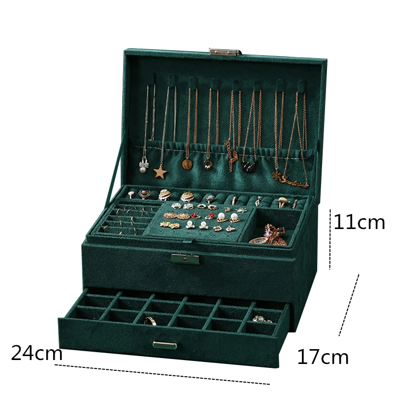 New 3 layers Green Flannel Stud Jewelry Organizer Large Ring Necklace Makeup Holder Cases Velvet Jewelry Box with Lock Women
New 3 layers Green Flannel Stud Jewelry Organizer Large Ring Necklace Makeup Holder Cases Velvet Jewelry Box with Lock Women