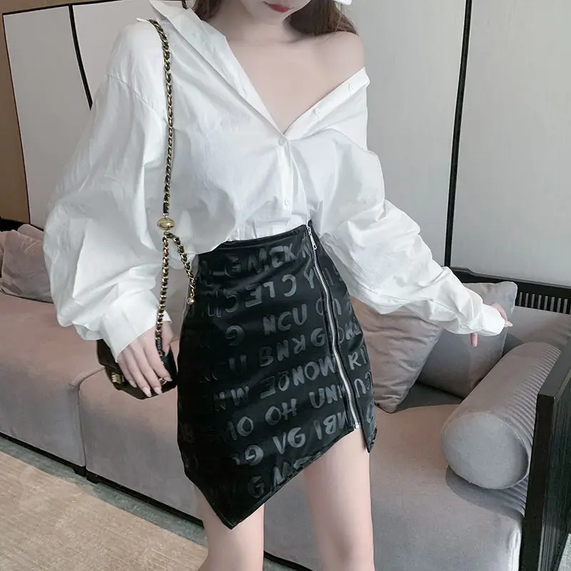 MAGOGO Korean PU Women High-Waist Skirt All-Match Irregular Hip A-Line Skirt