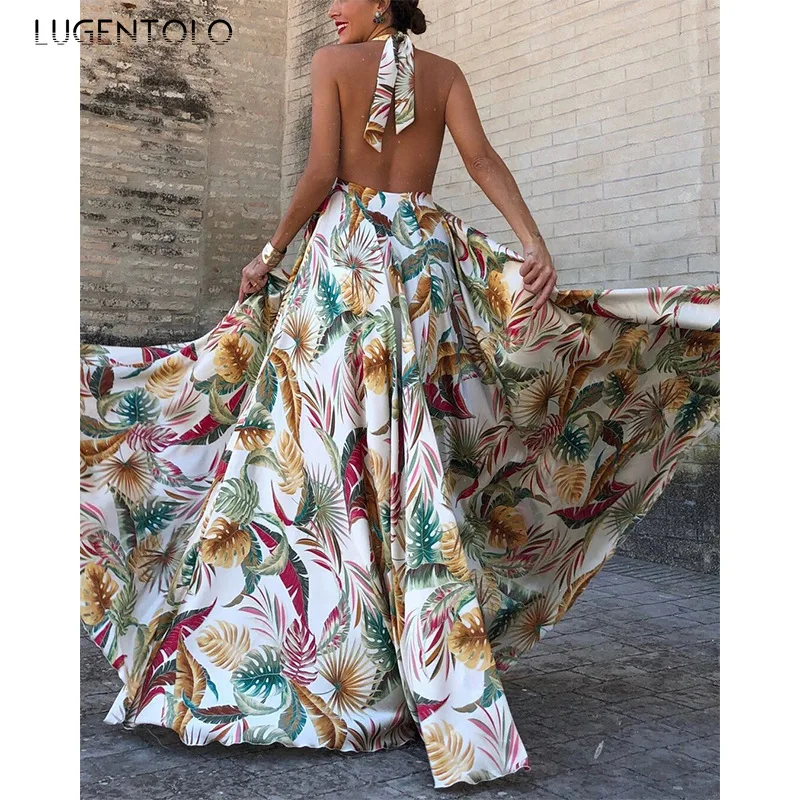 Women Sexy Dress Summer V-neck Backless Print Dresses Female Casual Big Swing Fashion Lace-up Long Dress Lugentolo
Women Sexy Dress Summer V-neck Backless Print Dresses Female Casual Big Swing Fashion Lace-up Long Dress Lugentolo