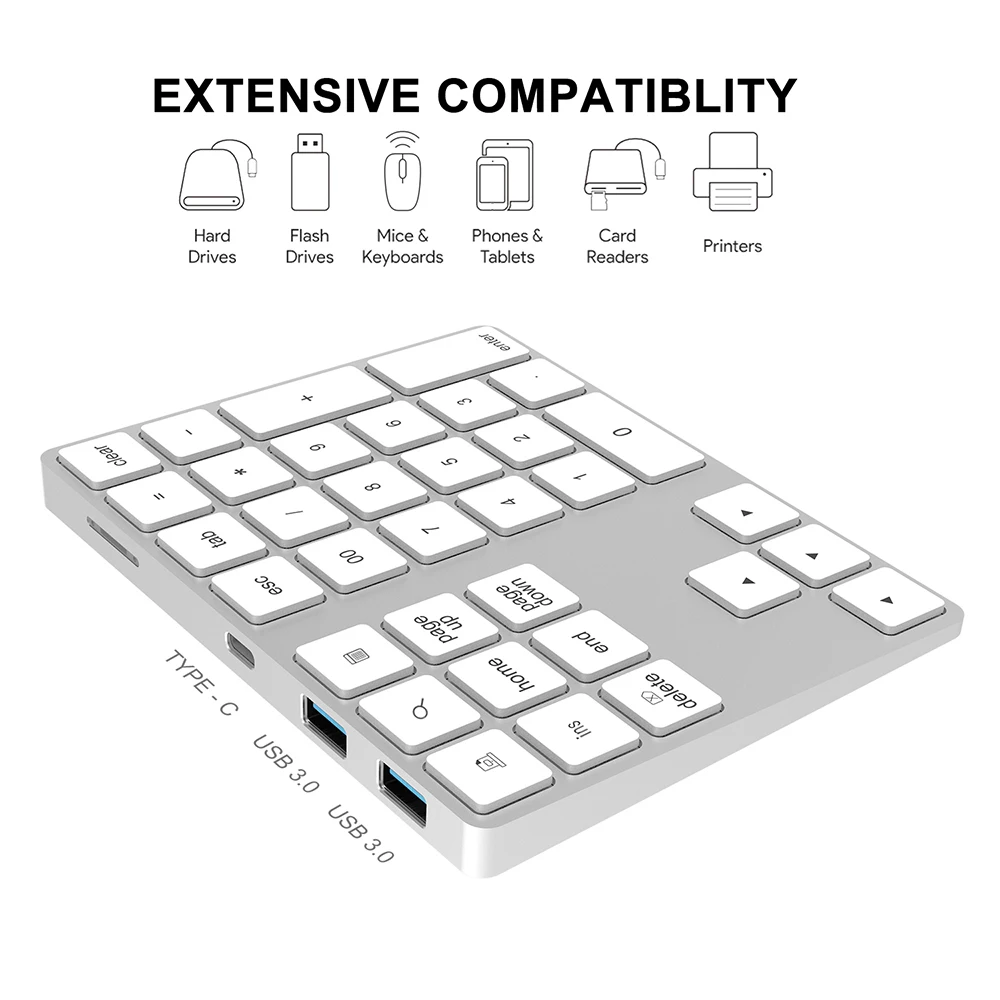 Bluetooth Keyboard 2 in 1 USB 3.1 Gen 2 Rechargeable Wireless 34-Key Numeric Keypad with USB3.0 HUB Support IOS/Android/Windows
Bluetooth Keyboard 2 in 1 USB 3.1 Gen 2 Rechargeable Wireless 34-Key Numeric Keypad with USB3.0 HUB Support IOS/Android/Windows