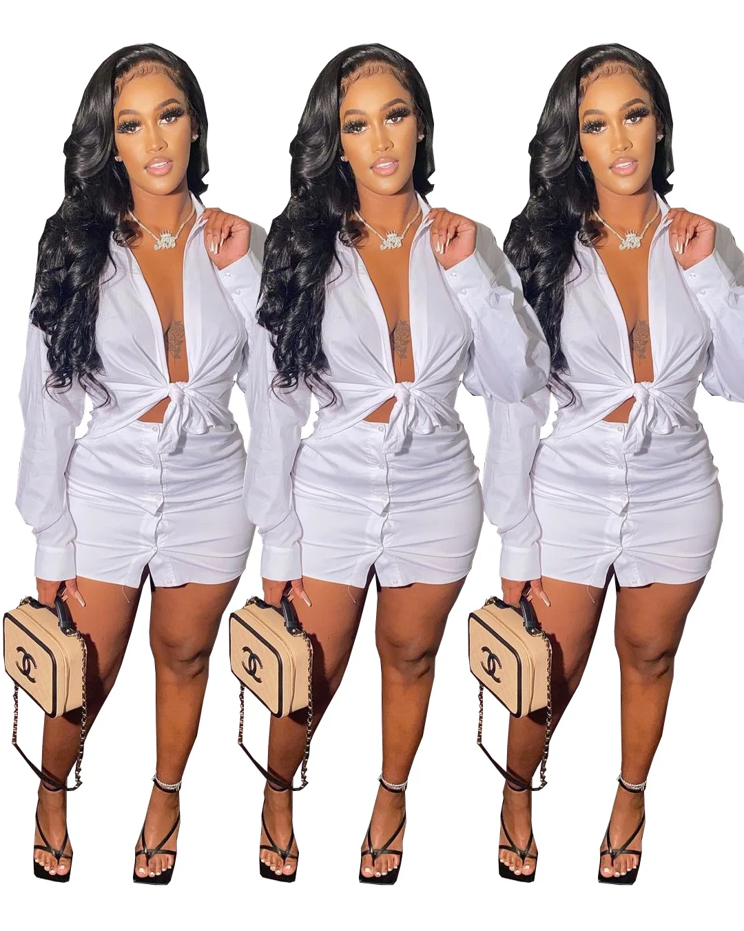 60A5219 European and American women's fashion casual solid color shirt button skirt two piece suit matching sets for women
60A5219 European and American women's fashion casual solid color shirt button skirt two piece suit matching sets for women