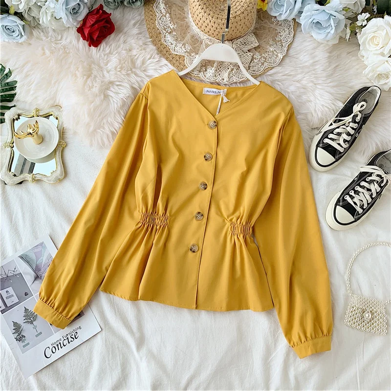 Women's Spring Autumn Blouse Korean Style V-neck Pleated Single-breasted Shirt New Wild Loose Thin Long-sleeved Shirt Tops GX337
Women's Spring Autumn Blouse Korean Style V-neck Pleated Single-breasted Shirt New Wild Loose Thin Long-sleeved Shirt Tops GX337