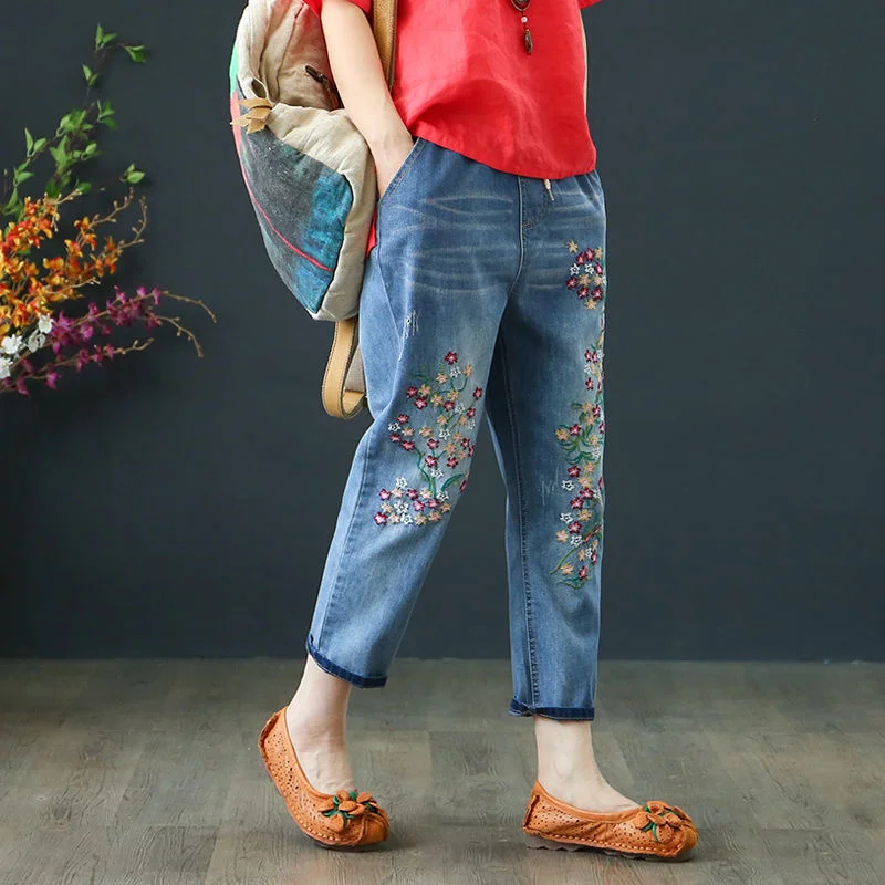 Women's high waist loose jeans, women's large loose jeans, embroidered jeans, ankle length pants, elastic belt
Women's high waist loose jeans, women's large loose jeans, embroidered jeans, ankle length pants, elastic belt