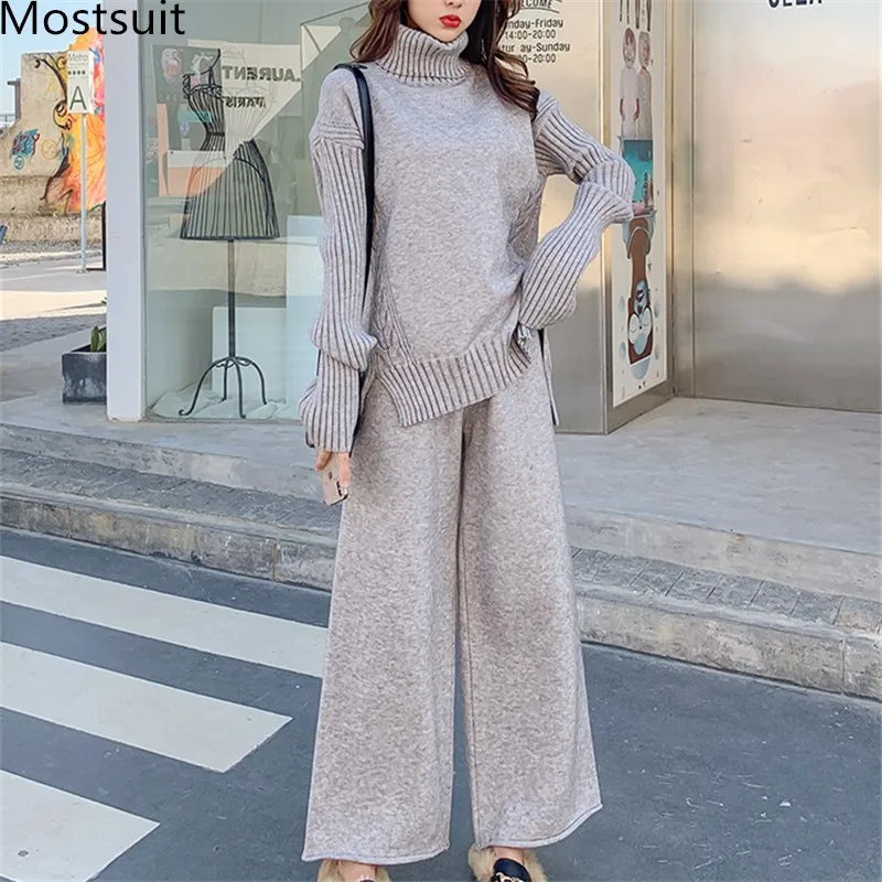 Thicken Knitted Women Two Piece Pants Sets 2020 Autumn Winter Turtleneck Sweater + Wide Leg Pants Ladies Casual Suits Outfits
Thicken Knitted Women Two Piece Pants Sets 2020 Autumn Winter Turtleneck Sweater + Wide Leg Pants Ladies Casual Suits Outfits