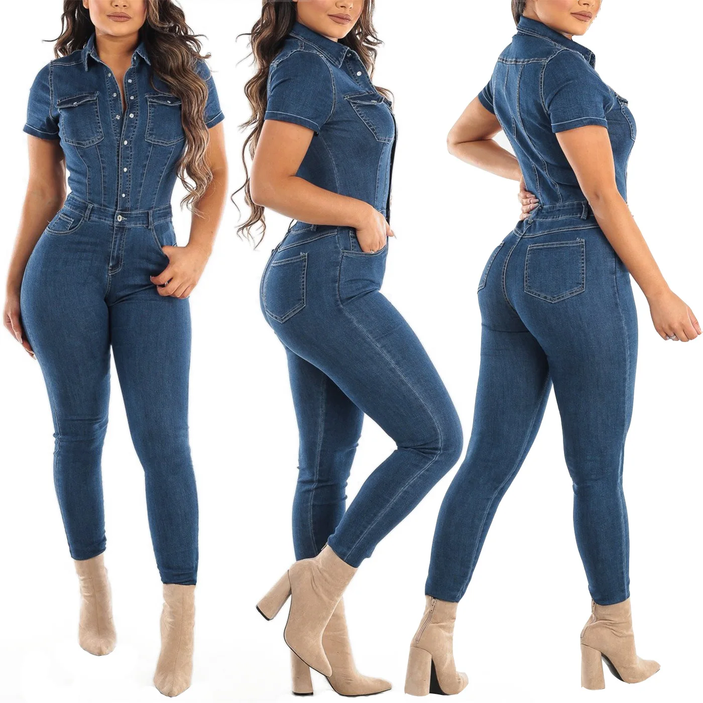 Summer Short Sleeve Bodysuit Women Fashion Lapel Collar Single-breasted Blue Jeans Jumpsuit Female Casual Bodycon Denim Rompers
Summer Short Sleeve Bodysuit Women Fashion Lapel Collar Single-breasted Blue Jeans Jumpsuit Female Casual Bodycon Denim Rompers