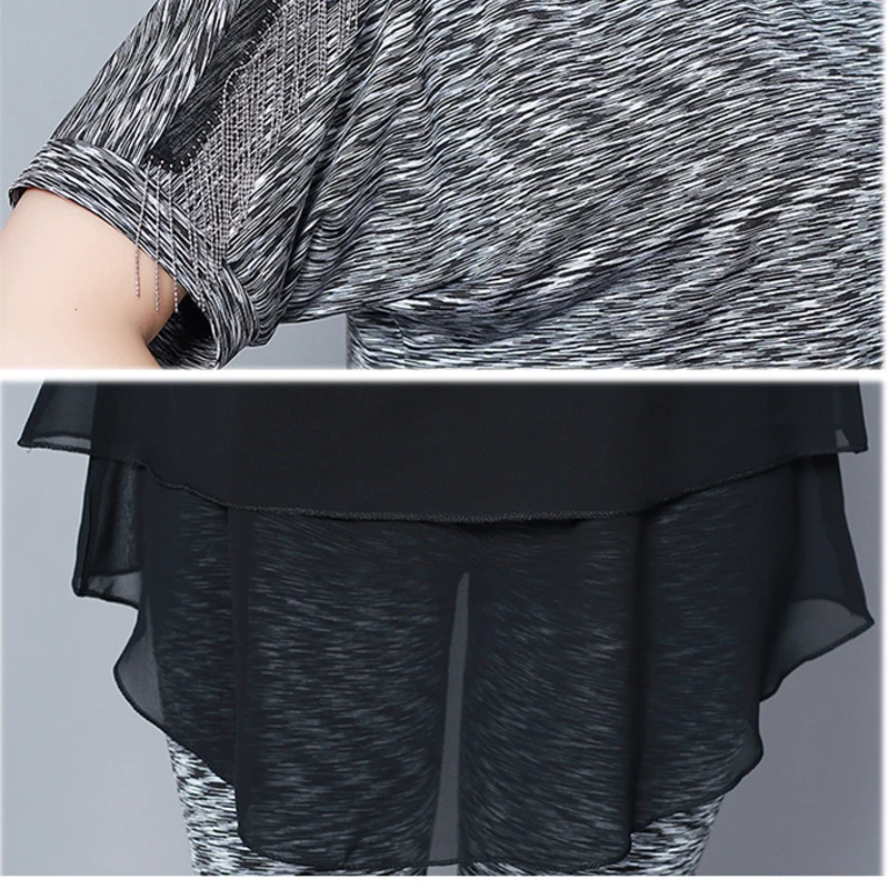 2020 Summer Short-sleeved Contrast Color Grey Black Stitching Suit Tassel Design Long Top Fit And Pants Chiffon Two-piece Suit
2020 Summer Short-sleeved Contrast Color Grey Black Stitching Suit Tassel Design Long Top Fit And Pants Chiffon Two-piece Suit