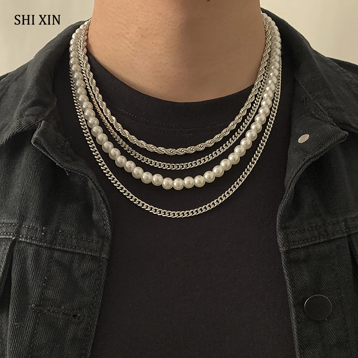 SHIXIN 4 Pcs Pearl Beads Thick Link Chain Choker Necklace Set Men/Women Hip Hop Multi Layered Necklace Chain on the Neck Jewelry 
SHIXIN 4 Pcs Pearl Beads Thick Link Chain Choker Necklace Set Men/Women Hip Hop Multi Layered Necklace Chain on the Neck Jewelry
