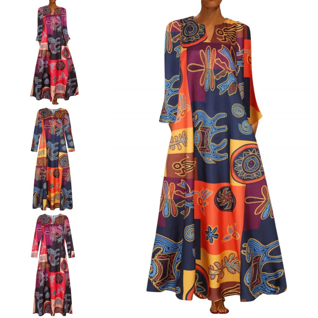 Women's spring and summer retro printing color block stitching round neck long-sleeved A-line dress
Women's spring and summer retro printing color block stitching round neck long-sleeved A-line dress