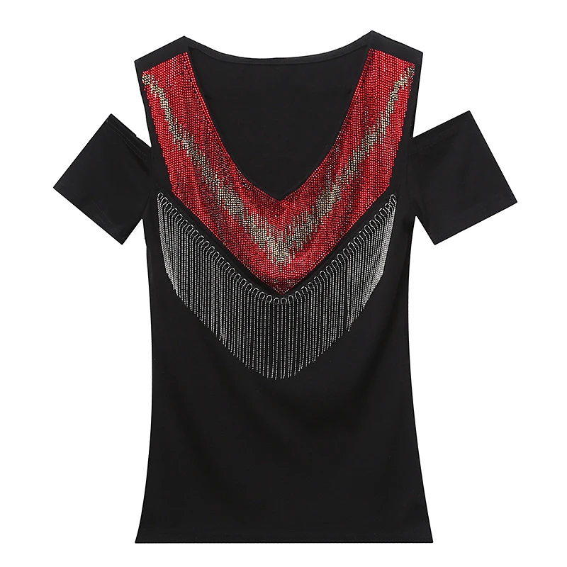 #5932 Black Off Shoulder T-Shirts For Women With Tassel Casual Tight Womens T Shirt Diamonds V Neck T-shirt Femme Sexy Summer
#5932 Black Off Shoulder T-Shirts For Women With Tassel Casual Tight Womens T Shirt Diamonds V Neck T-shirt Femme Sexy Summer