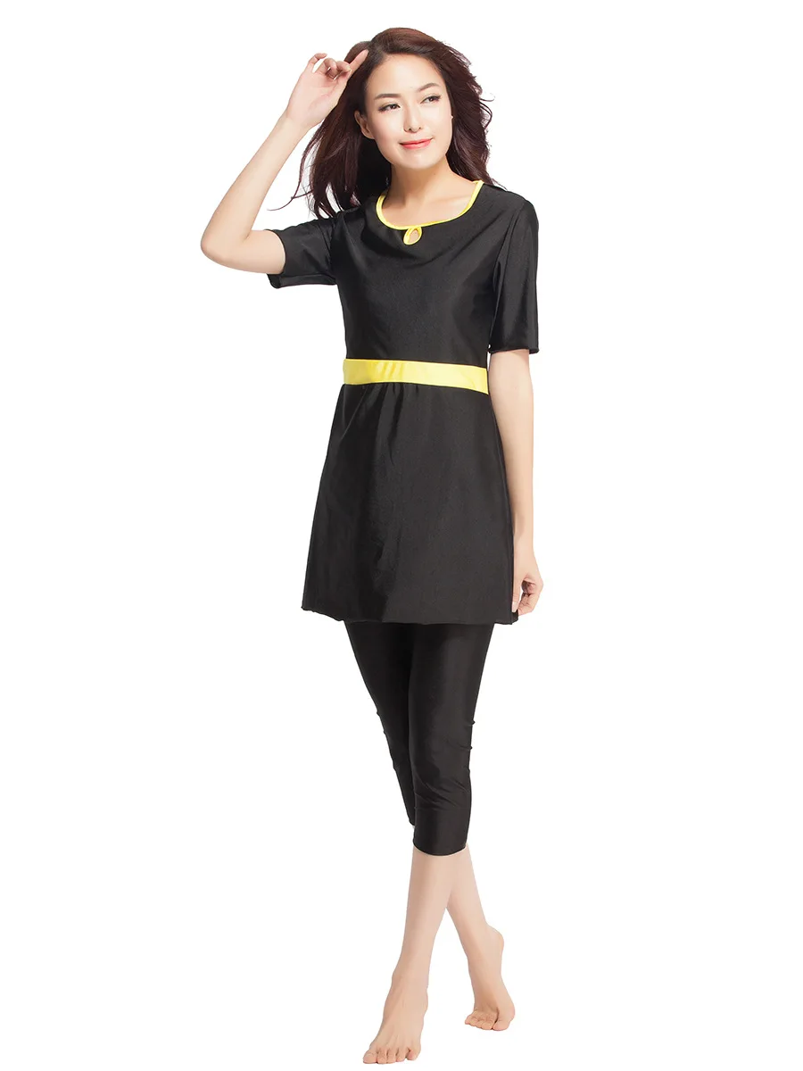 Summer New Arrival Women Two-piece Elastic Muslim Swimsuit Female Quick Dry O-neck Swim Wear Girl Solid Bathing Suit Size XS-XXX | Спорт и