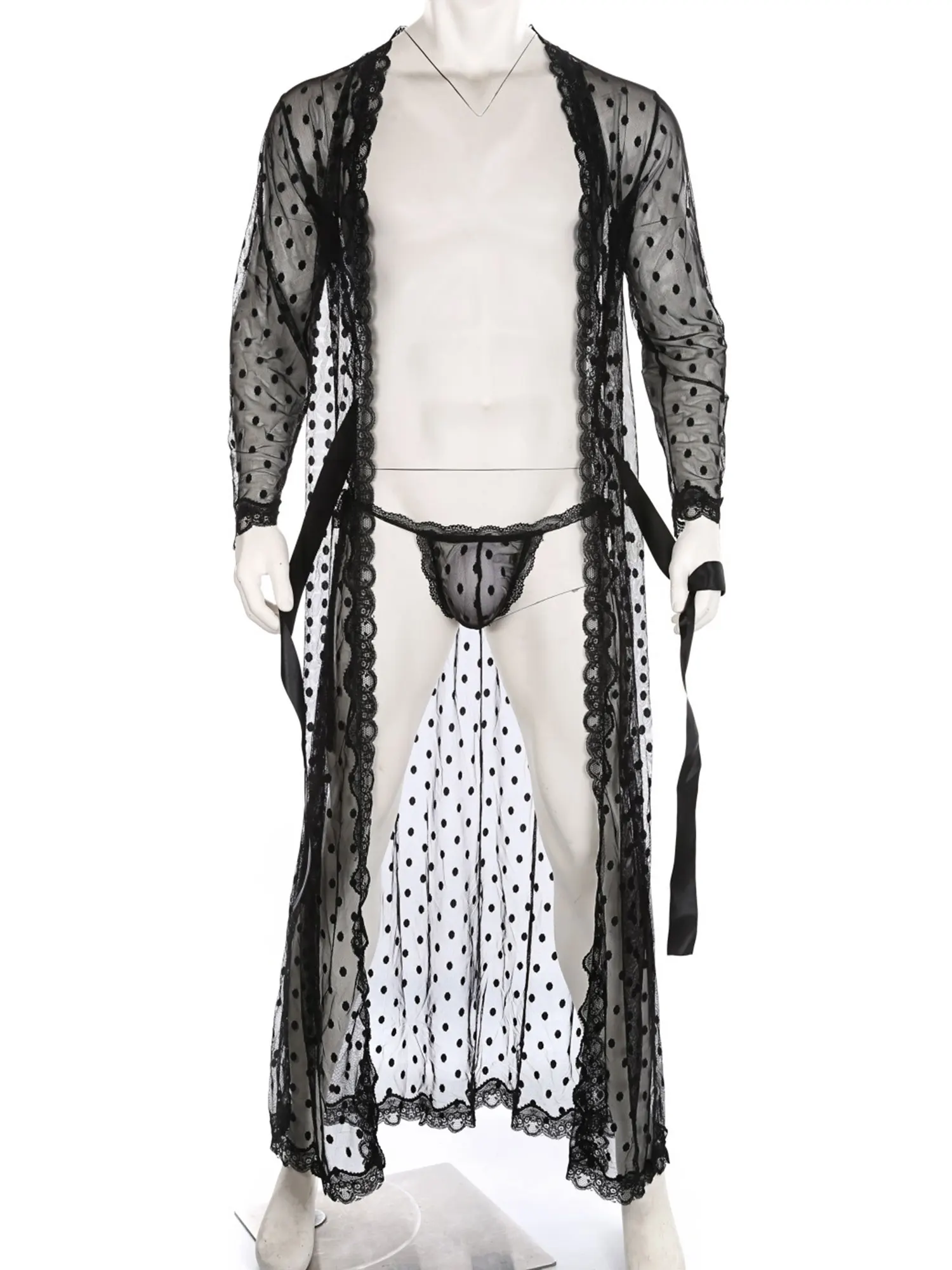 

Men Dot Pattern Exotic Clubwear See-through Mesh Lace Trim Kimono Bathrobe Belted Night-Gown with Lace-up G-string Babydolls