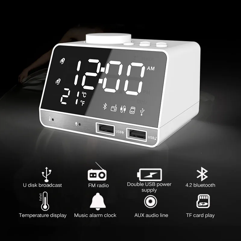 K11 USB LED Alarm Clock + FM Radio + Wireless Bluetooth 4.2 Speaker with 2 USB Port Digital LCD Display for Phone Home Office
K11 USB LED Alarm Clock + FM Radio + Wireless Bluetooth 4.2 Speaker with 2 USB Port Digital LCD Display for Phone Home Office