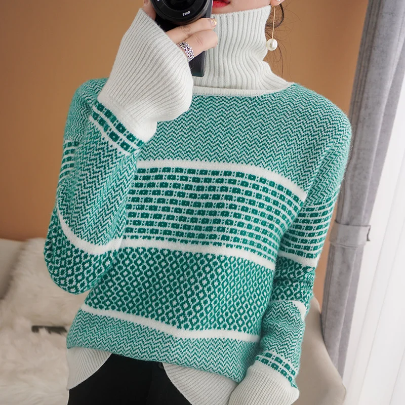 New 100% pure wool sweater women's color-blocking pullover long-sleeved loose cashmere knit bottoming shirt High collar winter
New 100% pure wool sweater women's color-blocking pullover long-sleeved loose cashmere knit bottoming shirt High collar winter