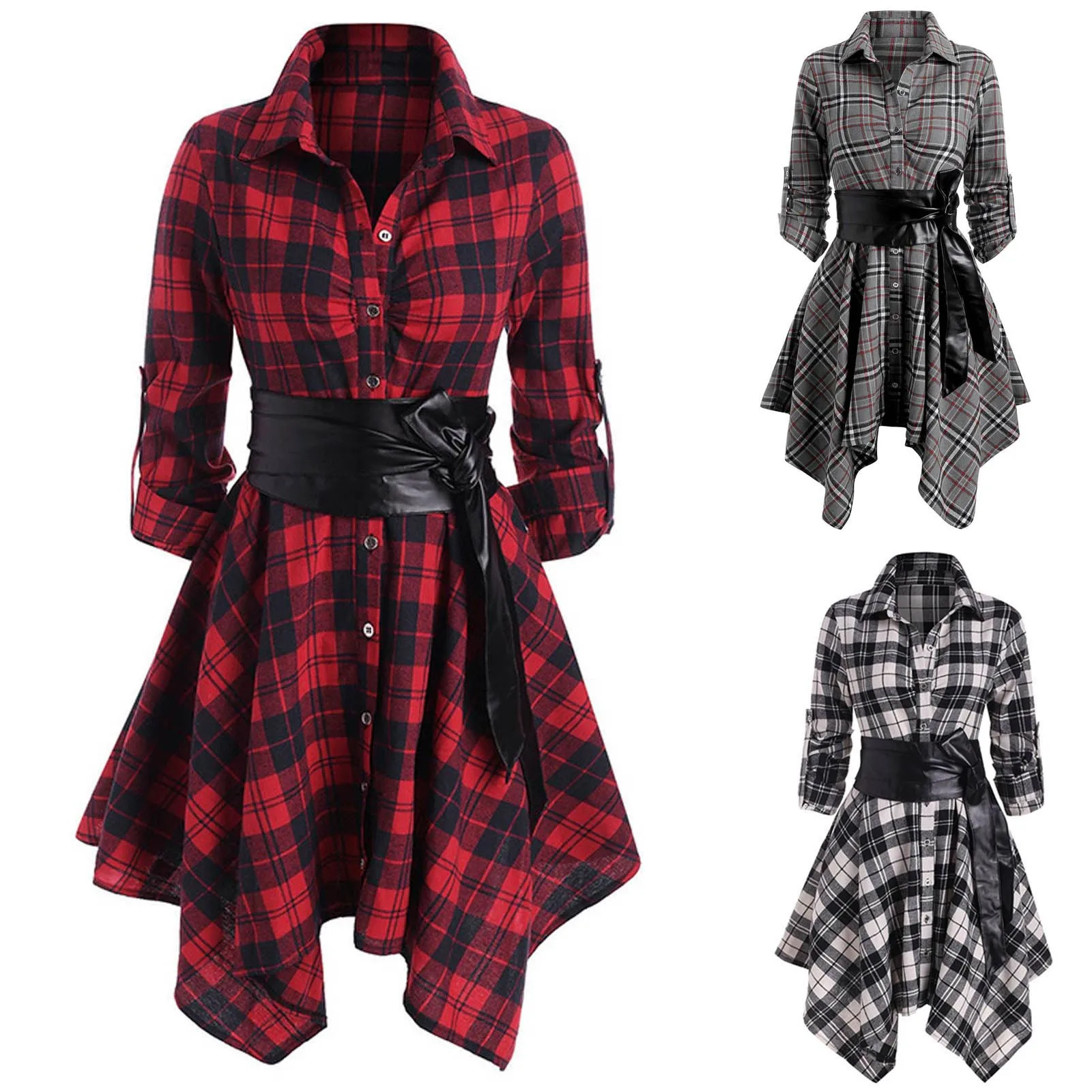 

Gothic Casual Dress Women Red Plaid Belted Roll Tab Sleeve Handkerchief Dress Vestidos Autumn Long Sleeve A-line Party Dress