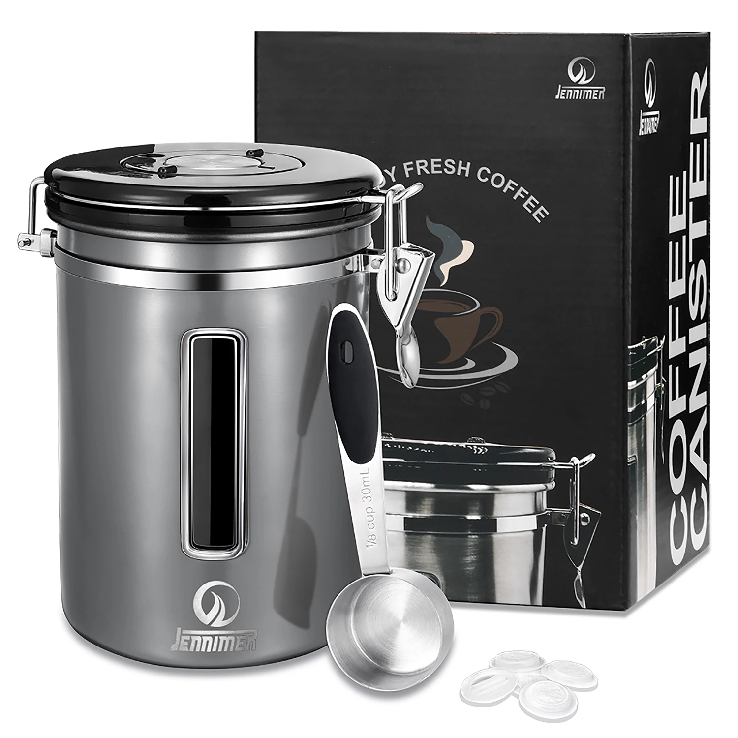 JENNIMER Coffee Canister Airtight Large 1800ml Stainless Steel Container Transparent Window Fresher Beans and Grounds (Grey)
JENNIMER Coffee Canister Airtight Large 1800ml Stainless Steel Container Transparent Window Fresher Beans and Grounds (Grey)