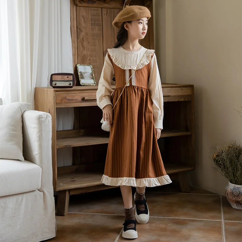Girls Princess Dress Teen Kids Midi Stripe Dress Lace Two Colors Patchwork 2021 New Baby Children Autumn School Clothes,#6529 
Girls Princess Dress Teen Kids Midi Stripe Dress Lace Two Colors Patchwork 2021 New Baby Children Autumn School Clothes,#6529