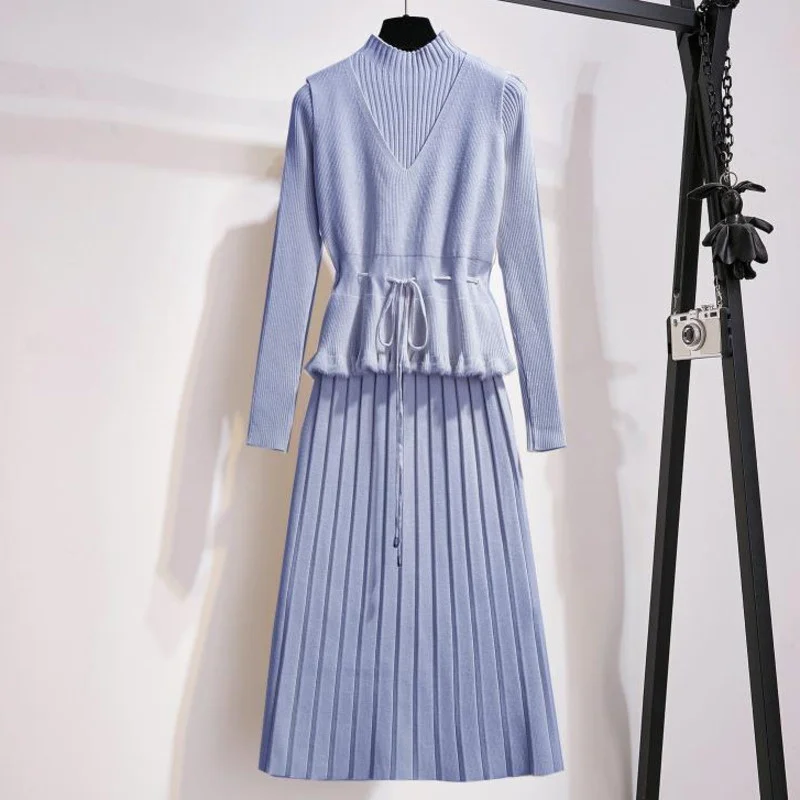 High Quality 2022 Autumn Winter Elegant Knitting Dress 2 Piece Sets Womens Outfits Long Sweater Dress + Pullover Vest Crop Top
High Quality 2022 Autumn Winter Elegant Knitting Dress 2 Piece Sets Womens Outfits Long Sweater Dress + Pullover Vest Crop Top