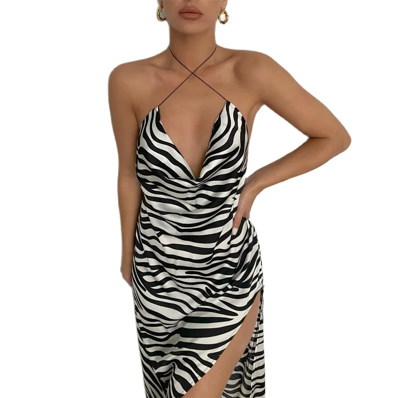 Sexy Halter Zebra Striped Print Satin Women Midi Dress Deep V Ruched Backless Slit Casual Irregular Slit Party Club Dress Summer
Sexy Halter Zebra Striped Print Satin Women Midi Dress Deep V Ruched Backless Slit Casual Irregular Slit Party Club Dress Summer