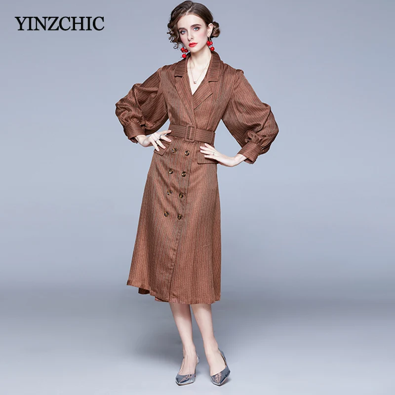 Woman Autumn Mid Coat Dress Single Breasted Female Elegant Brown A-line Skirt Notched Neck Striped Ourwear for Office Lady
Woman Autumn Mid Coat Dress Single Breasted Female Elegant Brown A-line Skirt Notched Neck Striped Ourwear for Office Lady
