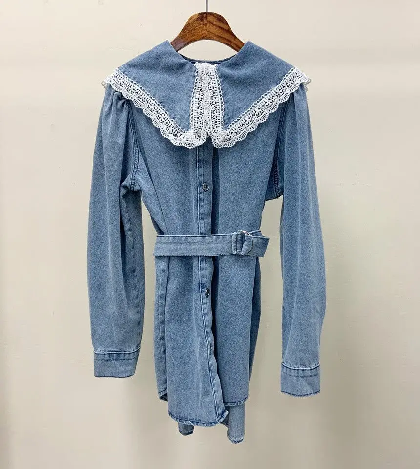 ZCSMLL Blue Dresses Korea Chic Retro Wild Lace Stitching Large Lapel Single-breasted Lace-up Waist Puff Sleeve Denim Dress
ZCSMLL Blue Dresses Korea Chic Retro Wild Lace Stitching Large Lapel Single-breasted Lace-up Waist Puff Sleeve Denim Dress