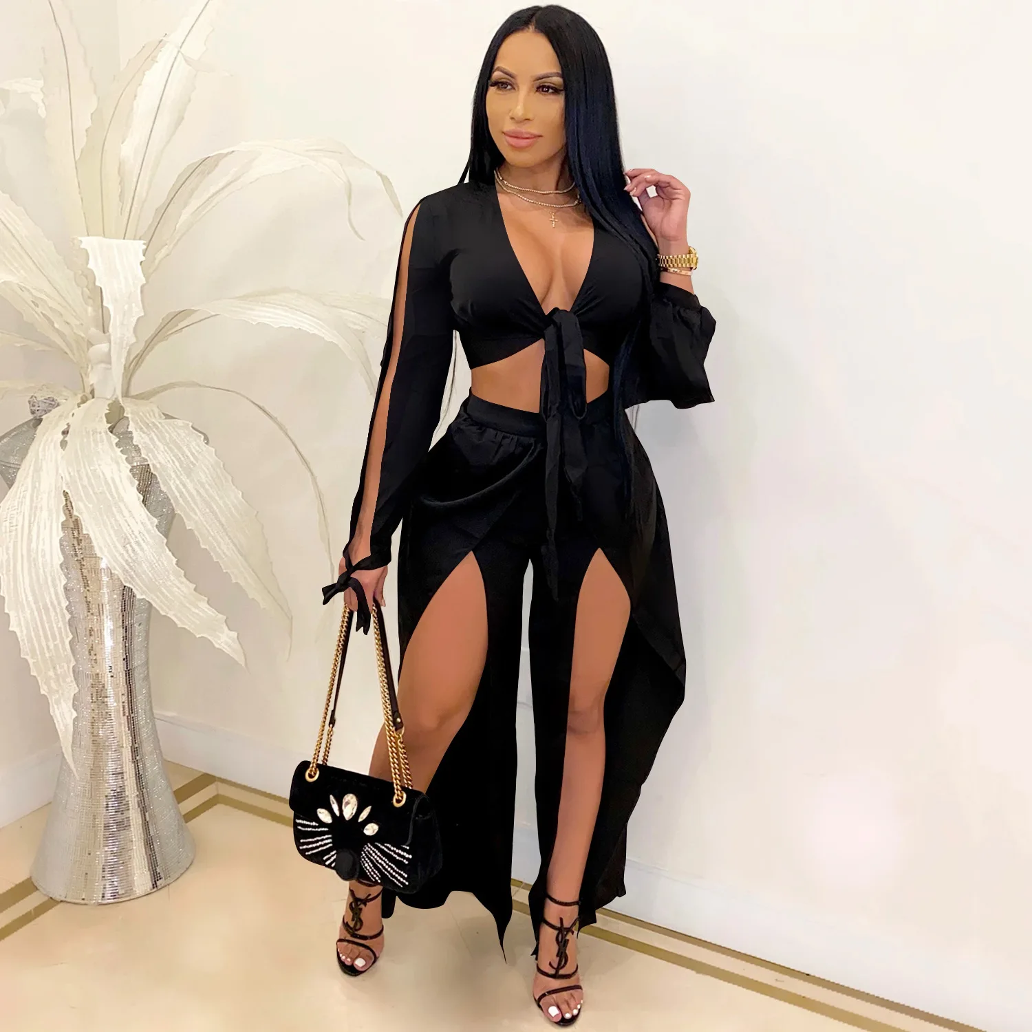 Echoine Split Sleeve Lace Up Crop Top Shirt Wide Leg Split Pants Two Piece Set Street Autumn Street Elegant Outfits Ladies Set
Echoine Split Sleeve Lace Up Crop Top Shirt Wide Leg Split Pants Two Piece Set Street Autumn Street Elegant Outfits Ladies Set