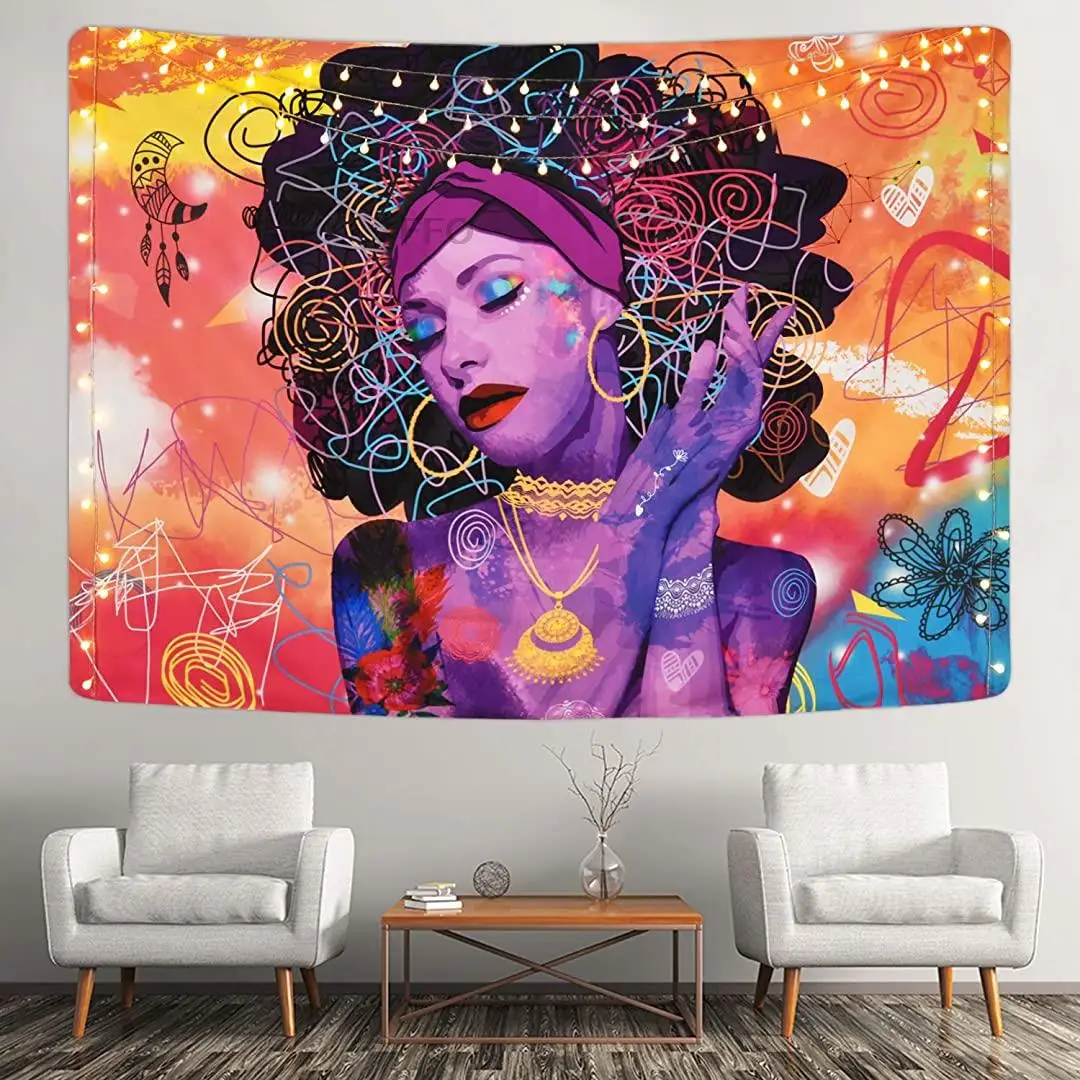 African American Woman Black Girl Tapestry Wall Hanging Psychedelic Cartoon Tapestry Colorful Hippie Tapestries Home Decoration
African American Woman Black Girl Tapestry Wall Hanging Psychedelic Cartoon Tapestry Colorful Hippie Tapestries Home Decoration