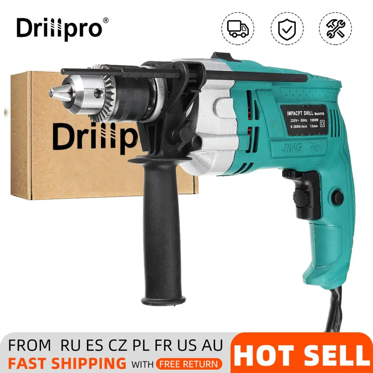 Drillpro 1980W 3800RPM Electric Impact Drill Handheld Flat Drill Rotary Hammer Multifunction with Scale Wrench Handle Bar 220V
Drillpro 1980W 3800RPM Electric Impact Drill Handheld Flat Drill Rotary Hammer Multifunction with Scale Wrench Handle Bar 220V