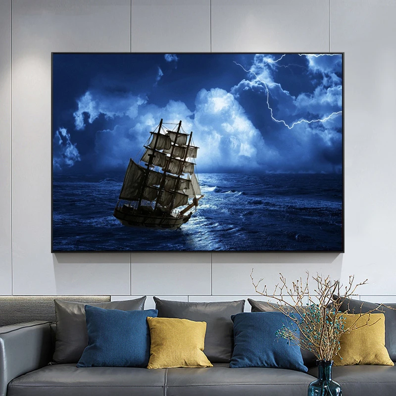 

Home Decor Pirate Ship on The Stormy High Seas Ocean Pictures Art Film Printing Silk Home Wall Decor Canvas Painting